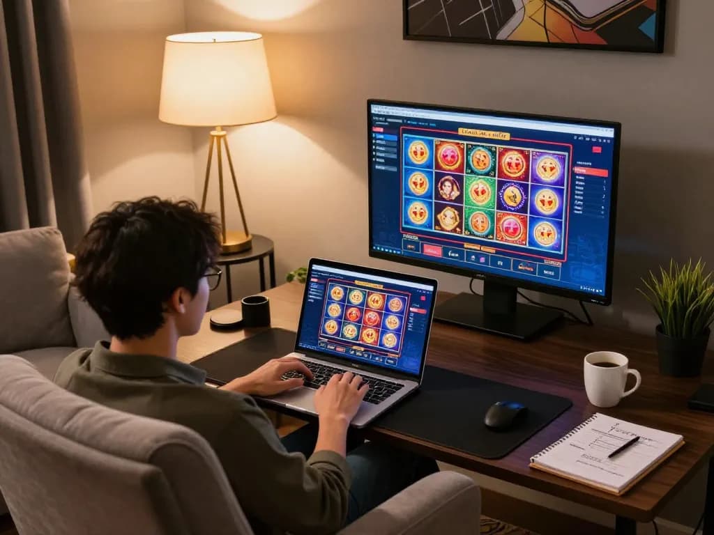 Players enjoying action at Nhà cái mv66 with vibrant online slots in a cozy home setting.
