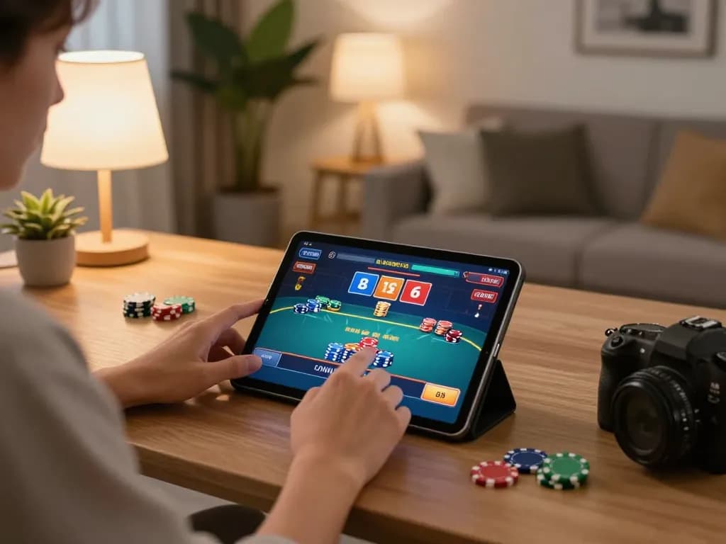 Engaging in exciting xx88 online poker gaming session on a tablet in a cozy home setting.