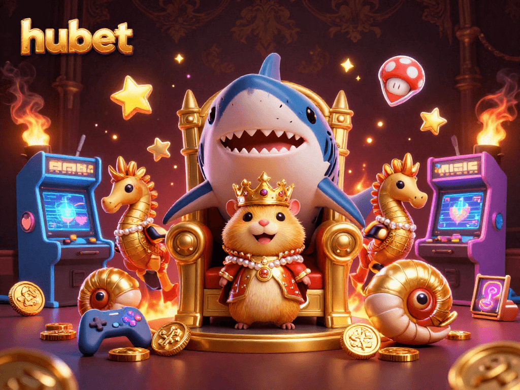 Play with hubet's vibrant casino world featuring a golden hamster king and arcade game elements.