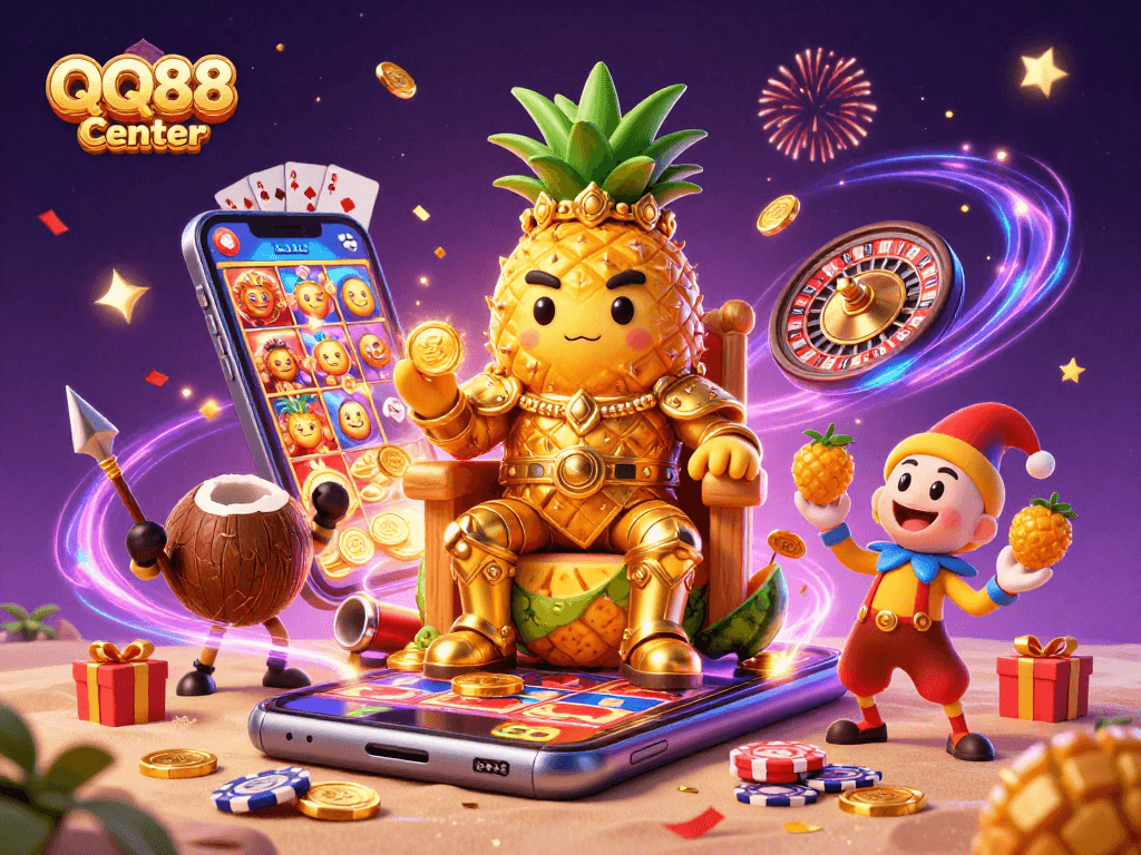 Experience excitement at QQ88 Center with a vibrant 3D casino scene featuring gaming elements and celebration.