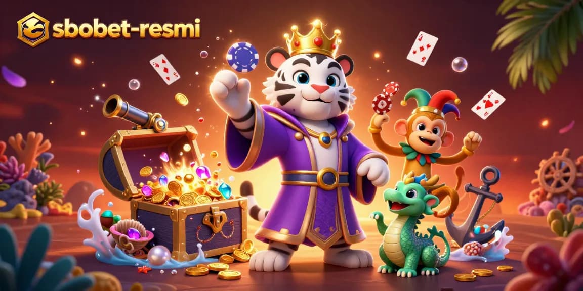 Engage with sbobet-resmi as the elegant white tiger displays royal charm while the playful monkey juggles poker chips amid vibrant casino-themed elements.