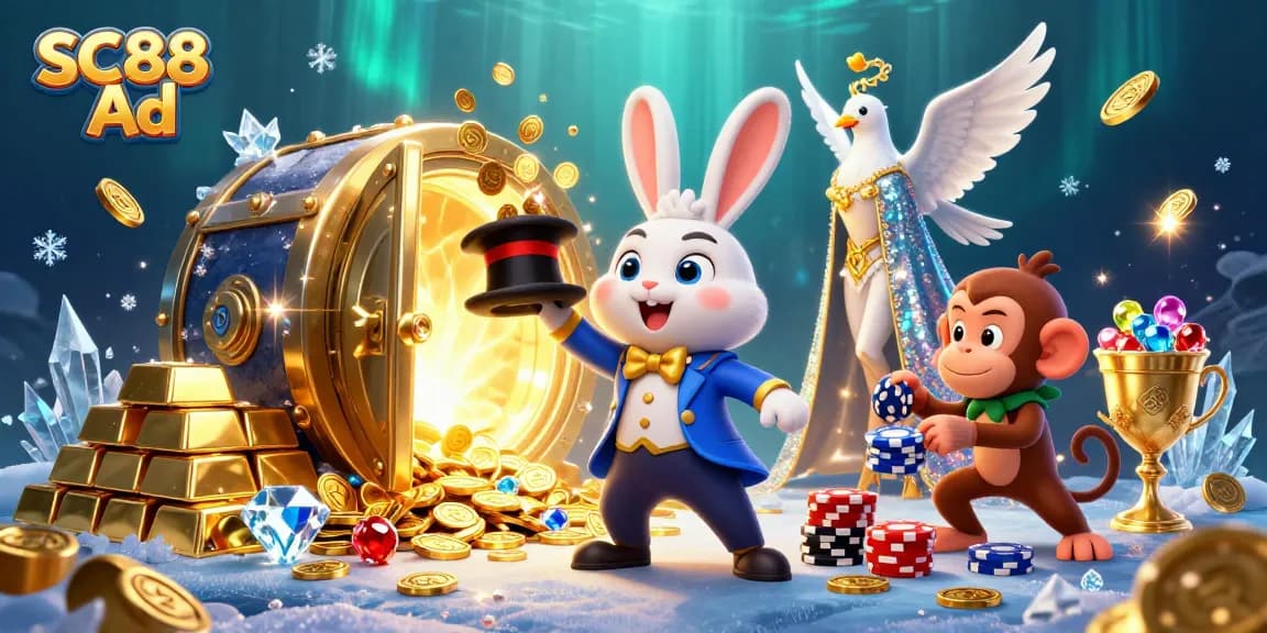 Engaging SC88 Ad illustration with a magician rabbit, dove, and monkey amidst sparkling casino treasures.