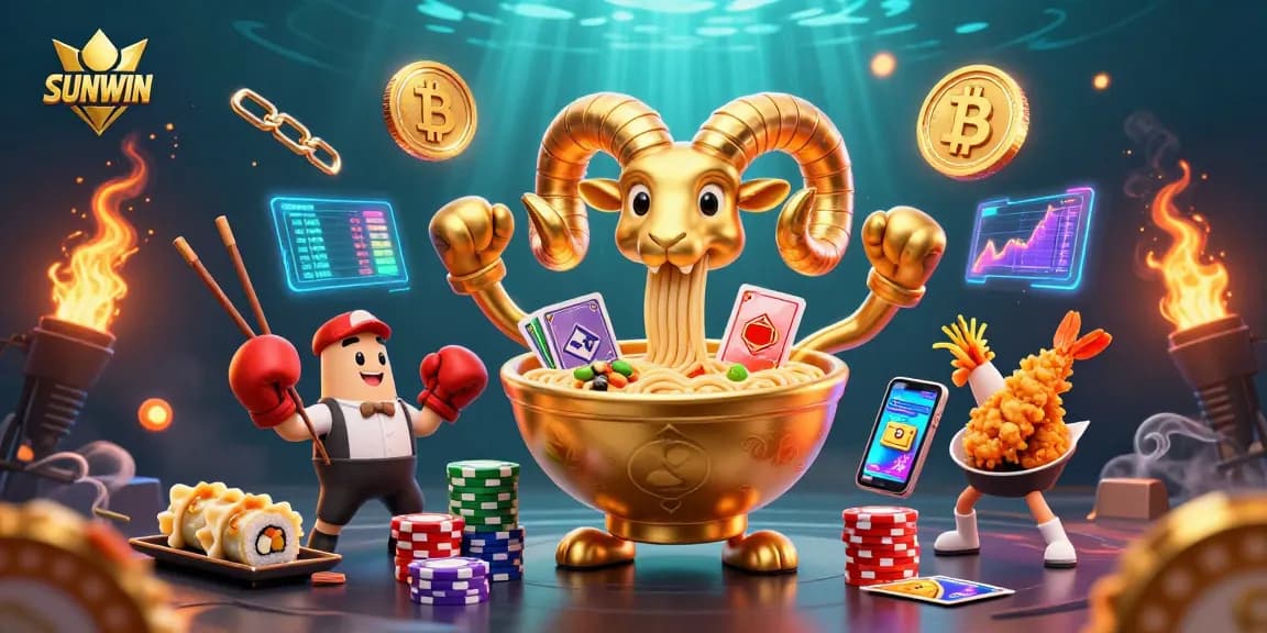 SUNWIN showcases a vibrant casino scene with a golden ramen bowl dealer, dynamic cards, and crypto elements