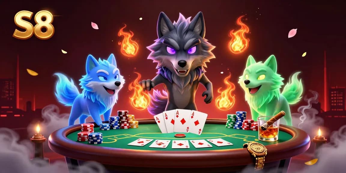 S8 casino illustration showcasing spectral wolves and poker elements for engaging gameplay.