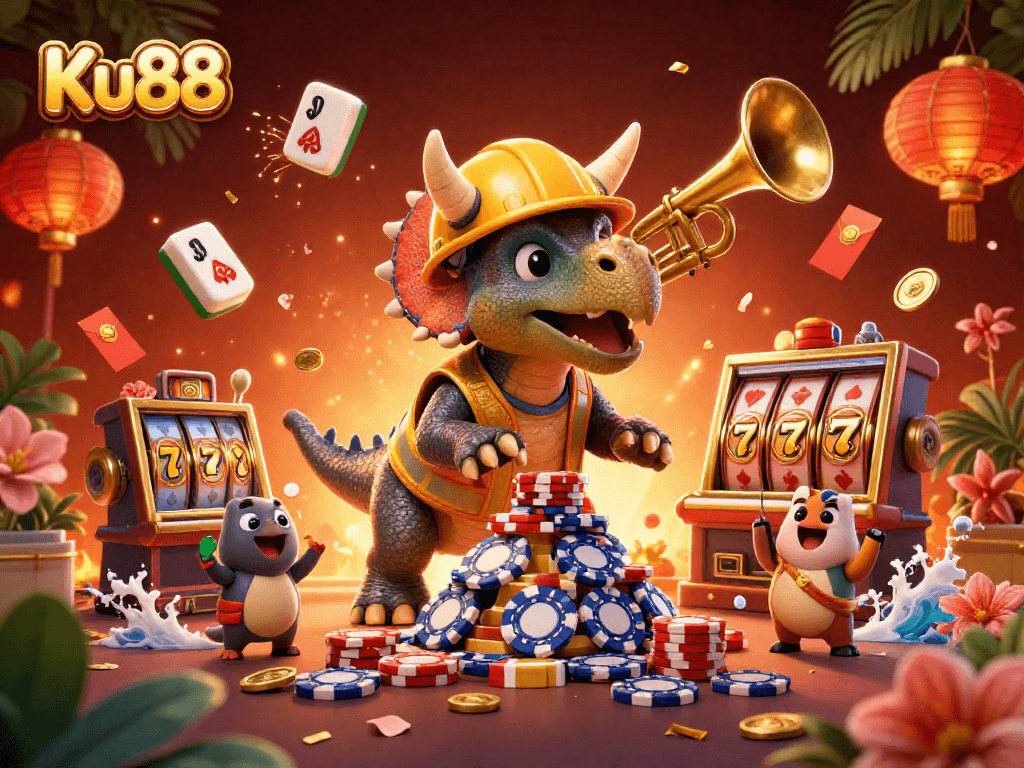 Enjoy exciting gameplay at Ku88 with a vibrant 3D casino scene filled with dynamic elements and celebration.