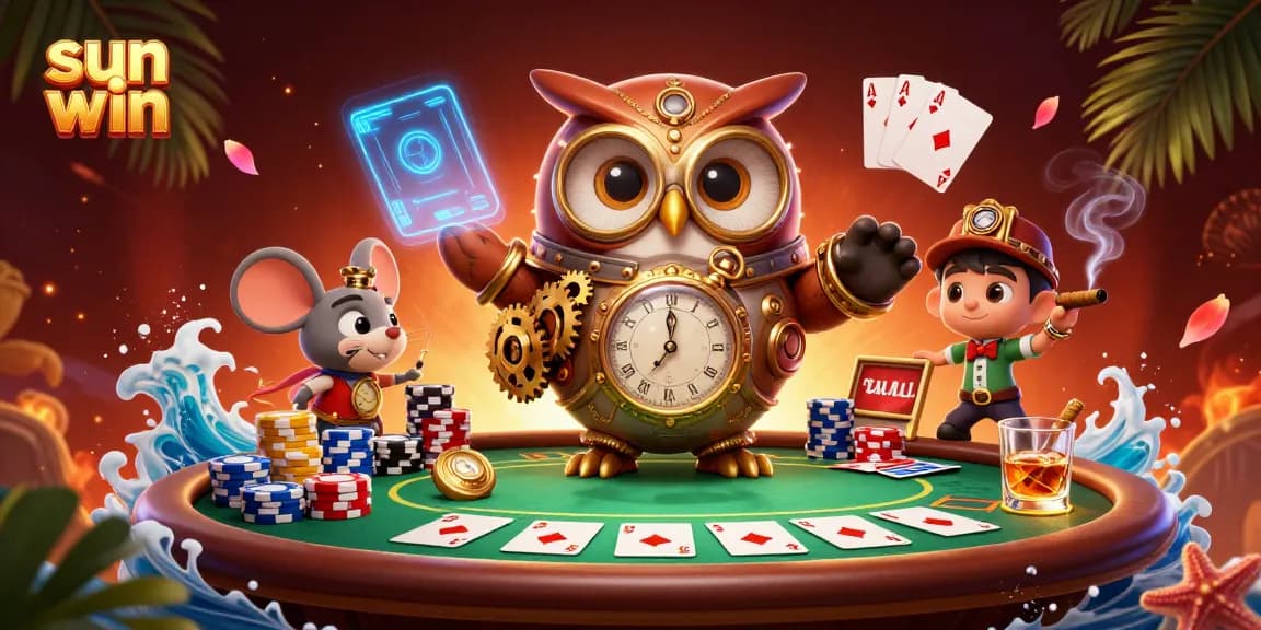 Experience the thrilling world of sun win with a vibrant 3D casino scene featuring a time-traveler owl.