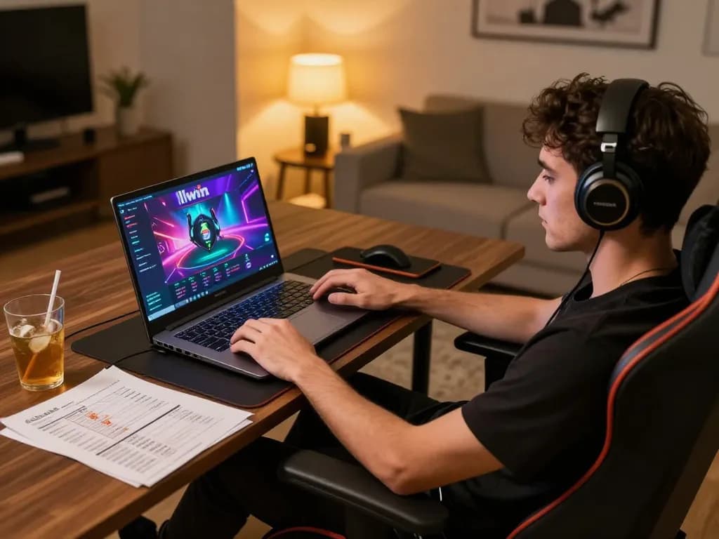 Engaging in llwin online gaming with a sleek laptop and strategic materials at hand, highlighting immersive gambling experience.