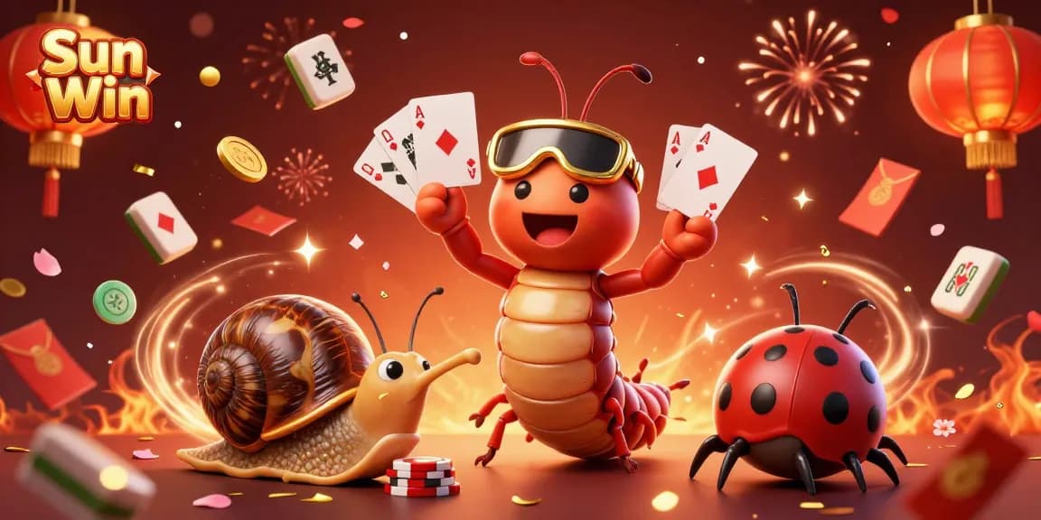 Experience the excitement of Sun Win with unique characters and dynamic casino elements in this vibrant illustration.