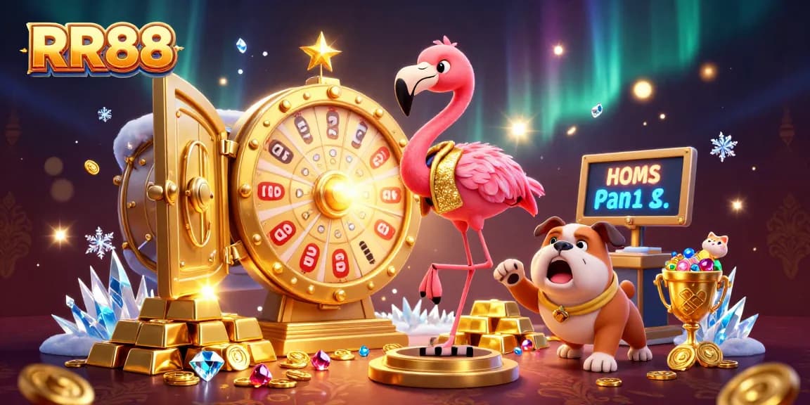 Experience the excitement of RR88 with a dynamic game show scene filled with treasures and fun.
