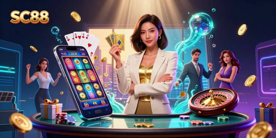 Score big with SC88: Watch as an elegant trader holds golden cards amidst vibrant casino games.