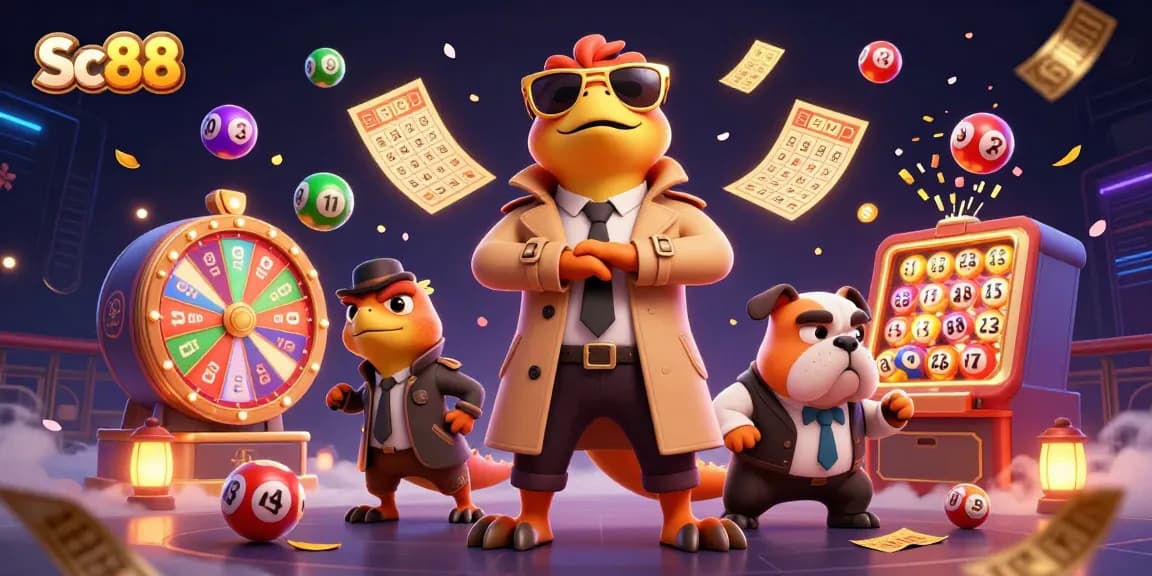 Experience the vibrant energy of Sc88 with cartoon raptors and festive casino elements.