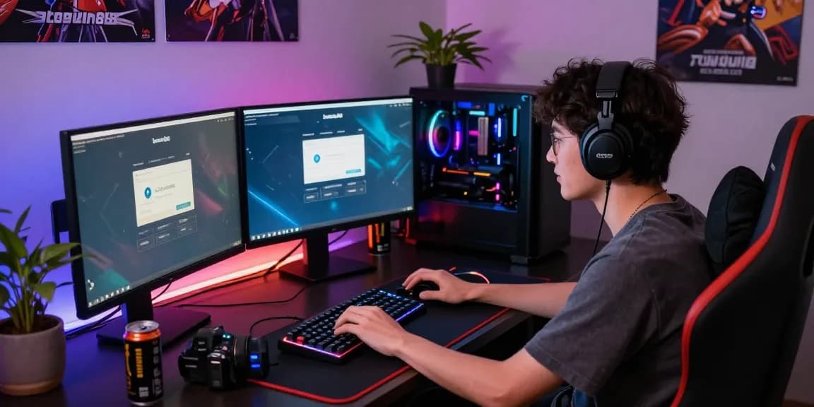 Proses masuk boswin88 login dengan gamer muda di meja penuh aksesoris gaming.