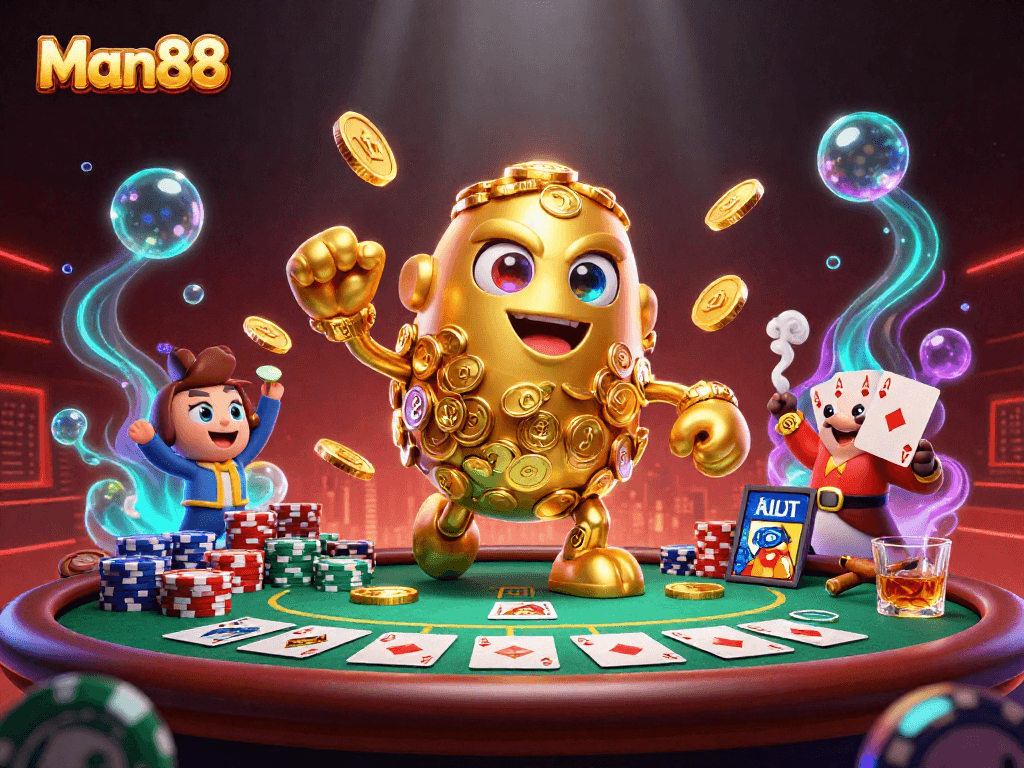 Win exciting jackpots with Man88's gambling adventure featuring a golden golem and poker elements.