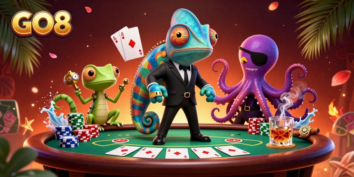 Experience the excitement at GO8's poker table with colorful chips and dynamic 3D characters.