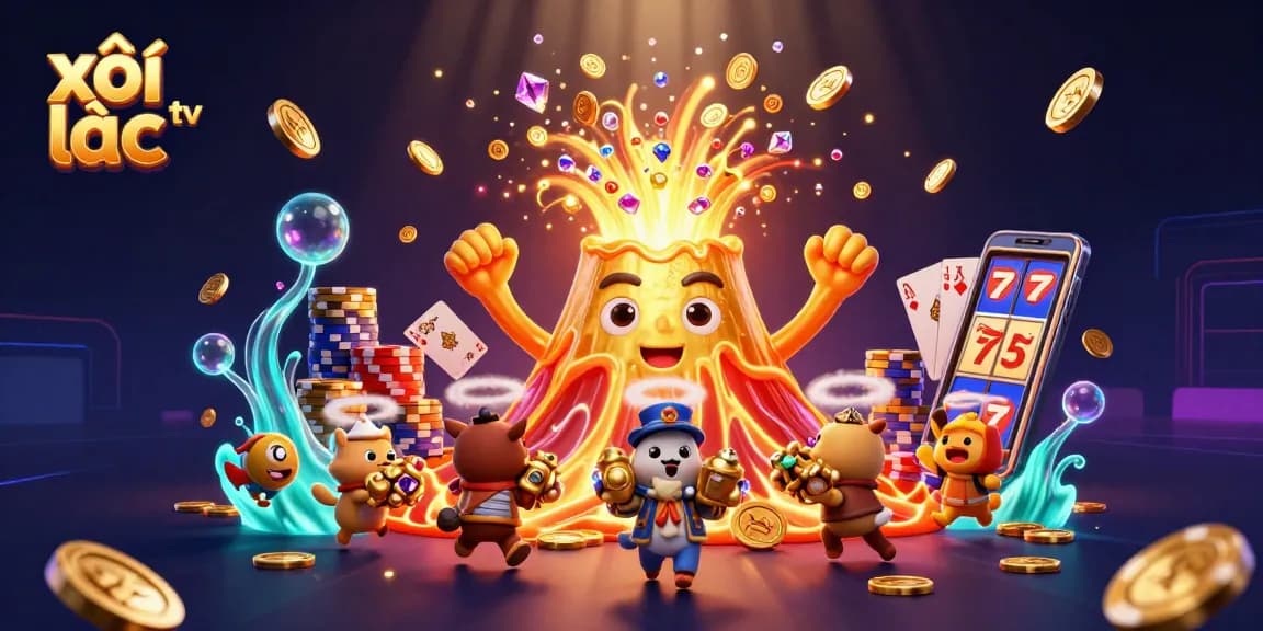 xôi lạc tv showcases a festive casino atmosphere with a triumphant volcano and treasure-filled animals.