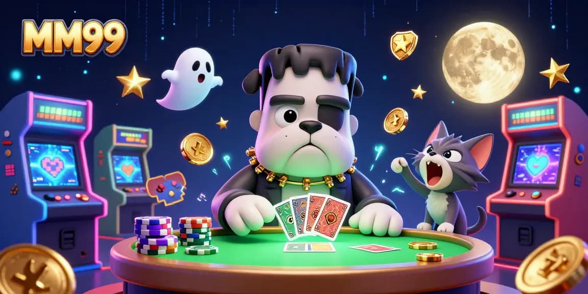 Experience thrilling MM99 gaming with a spooky Frankenstein dealer at a vibrant casino.