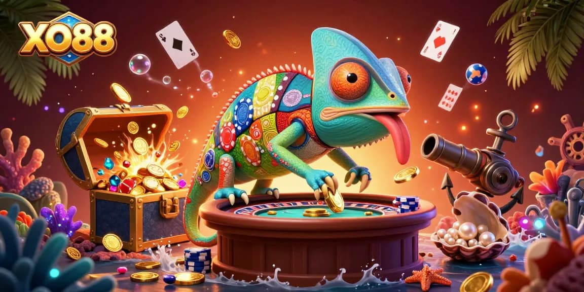 Experience the colorful world of XO88, where a chameleon casino owner attracts treasures and gaming thrills.
