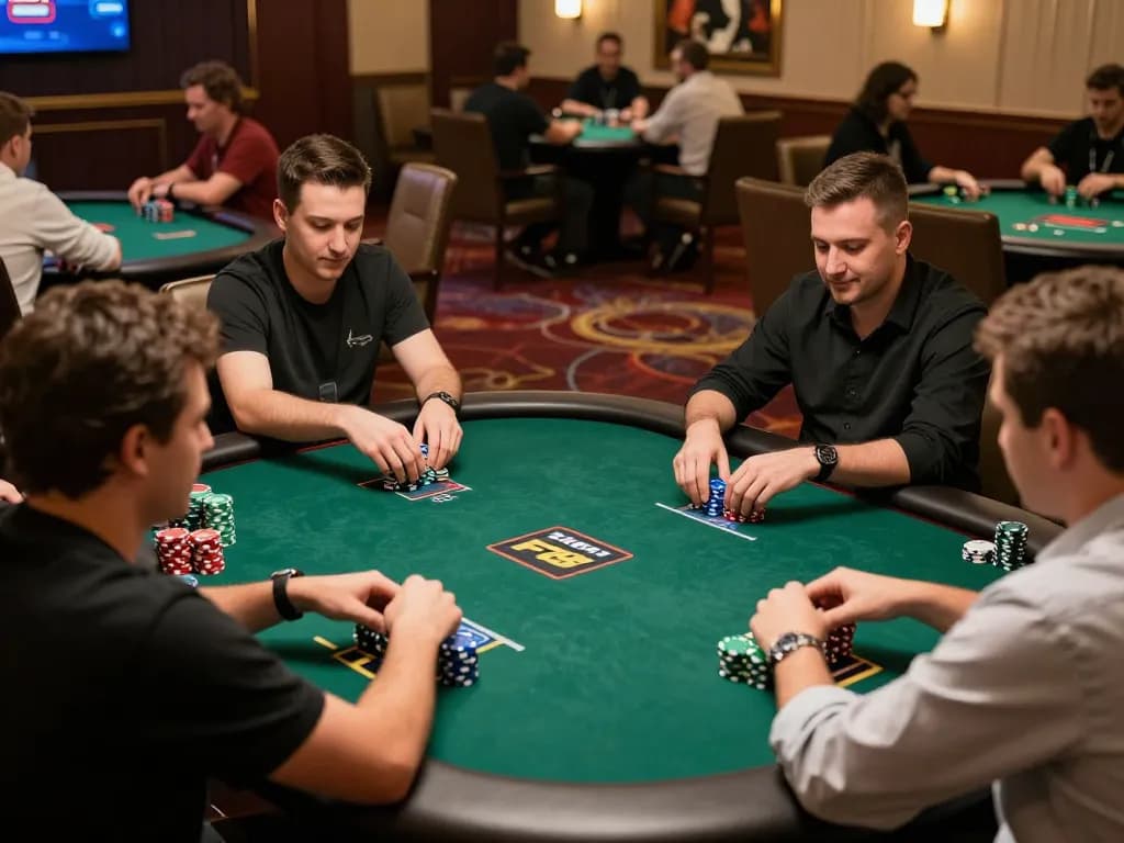 F8 bet players strategizing their poker hands in a vibrant casino setting