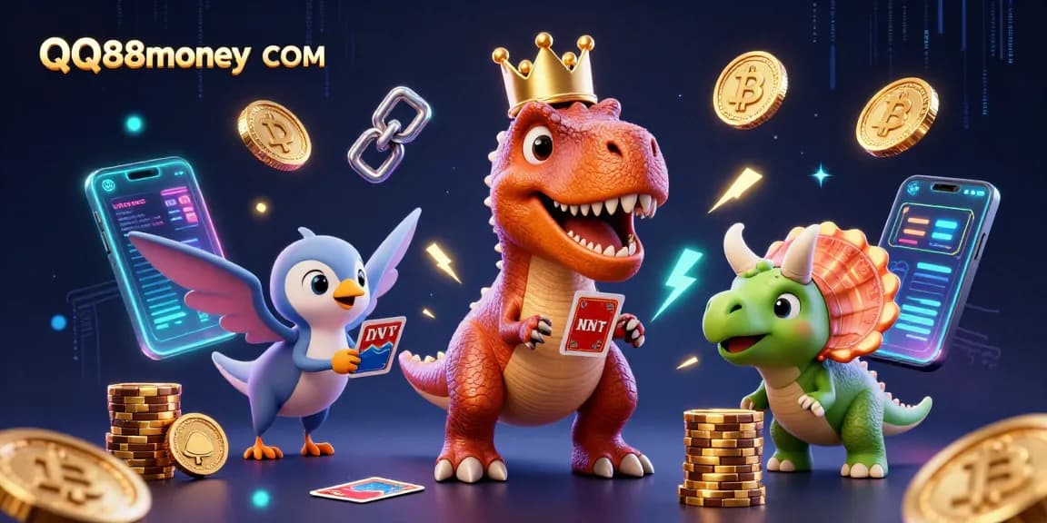 Engage in thrilling play at QQ88money COM with a cartoon dinosaur card game illustration featuring crypto elements.