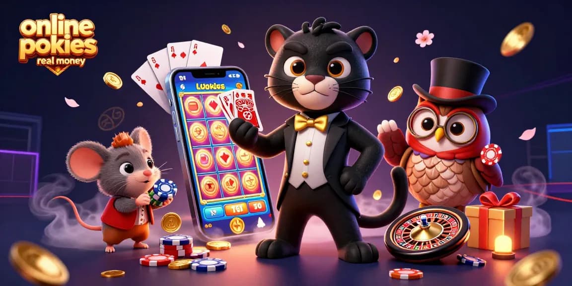 Engage in online pokies real money with animated characters featuring casino games and bonuses.