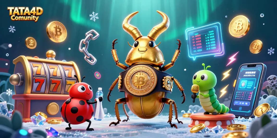TATA4D Comunity shines as jackpotted players cheer in a vibrant casino atmosphere, with slot reels spinning.