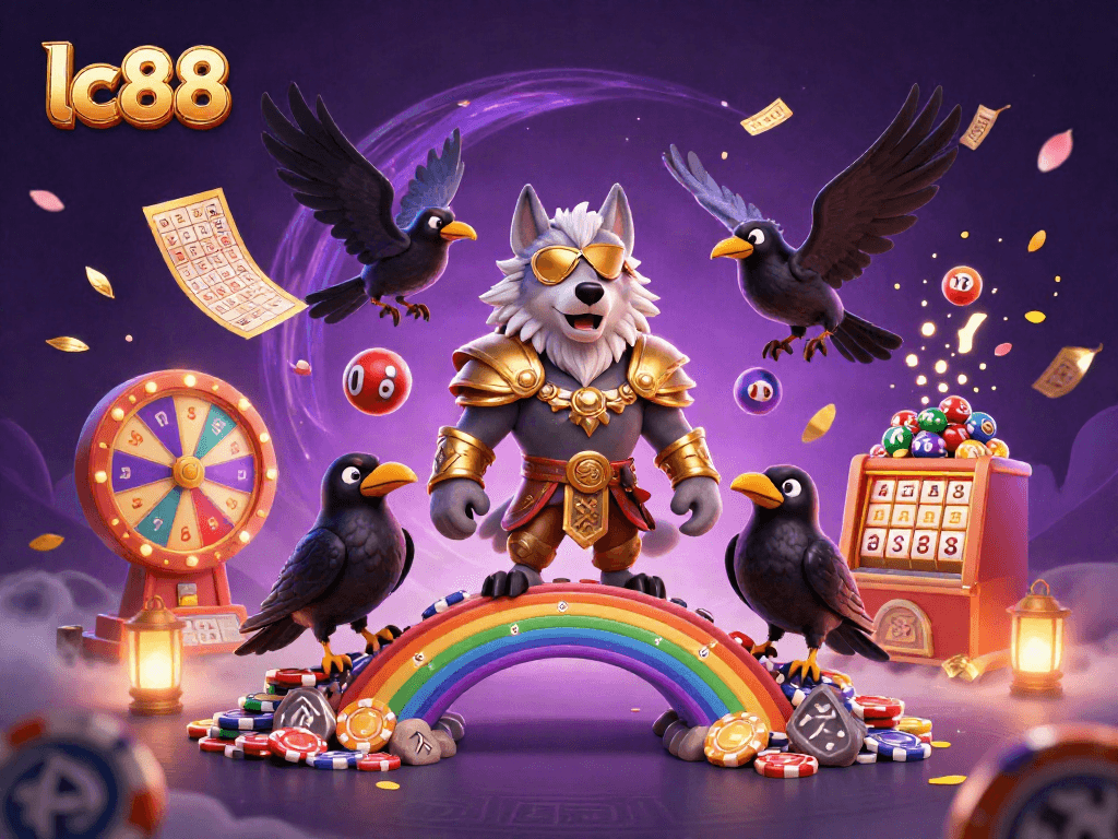 Experience fun with lc88 in a vibrant 3D Norse casino-themed illustration showcasing lively lottery elements.