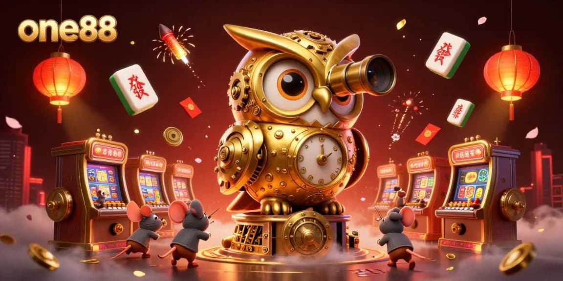 one88 players enjoying a vibrant casino atmosphere with a golden owl, lucky symbols, and lively slots