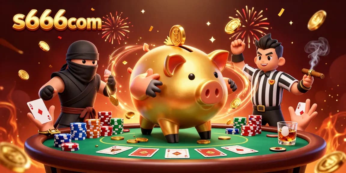 s666com showcases vibrant fantasy gaming action with a gold piggy bank wrestler and colorful poker elements.