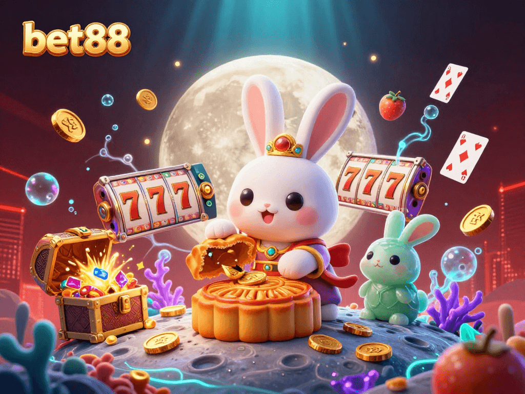 Experience the whimsical casino world of bet88 with a moon rabbit theme, showcasing vibrant slot reels and gold treasures.