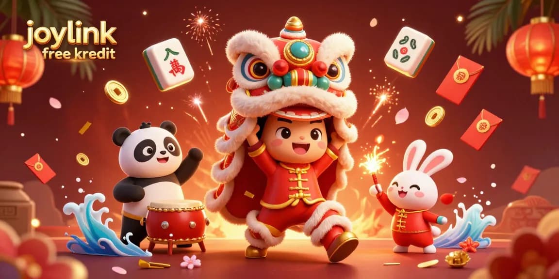 Experience joylink free kredit through a vibrant lion dance scene filled with festive elements and casino excitement.