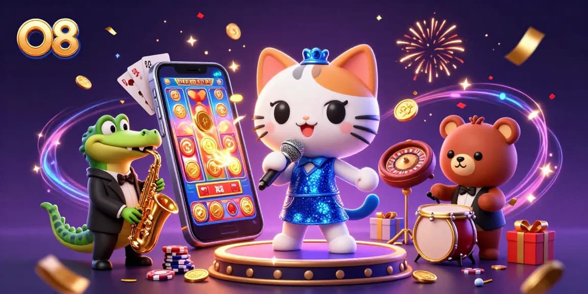 Engage with O8's dazzling casino experience featuring a singing cat, saxophone crocodile, and dynamic gameplay elements.