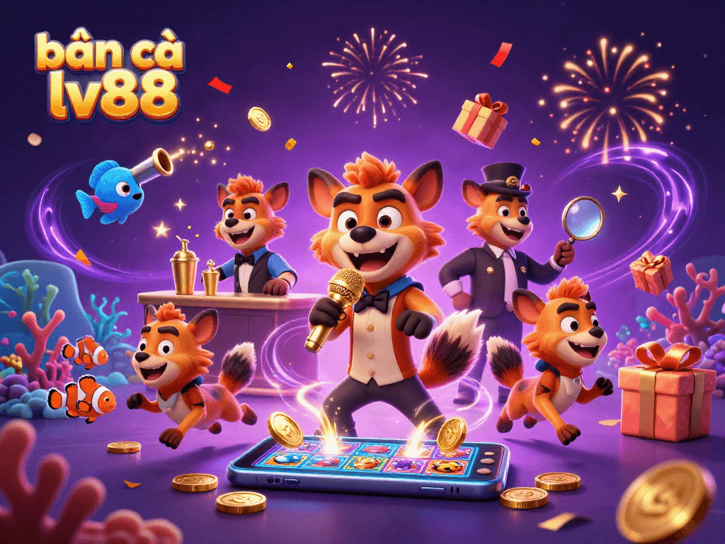 Experience the excitement of bắn cá lv88 with a dynamic 3D illustration of hyenas in a comedic casino setting amidst vibrant sea creatures and game elements.