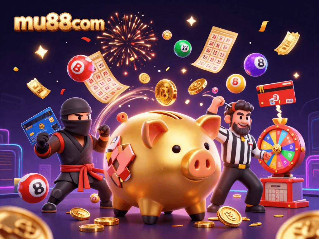 Experience the excitement of mu88com with a vibrant 3D casino scene featuring animated characters and colorful elements.