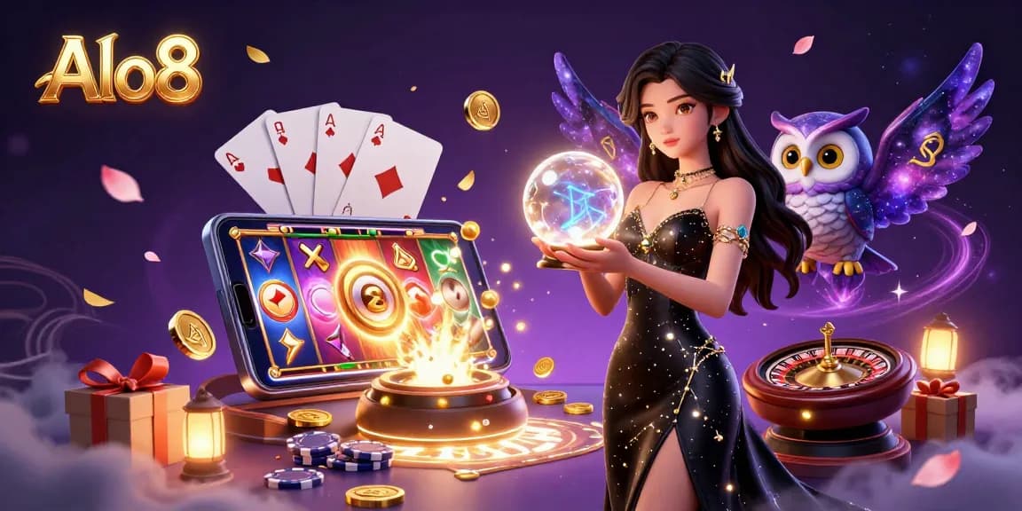 Alo8 promotional illustration of a captivating woman with a glowing crystal ball, surrounded by dynamic casino imagery