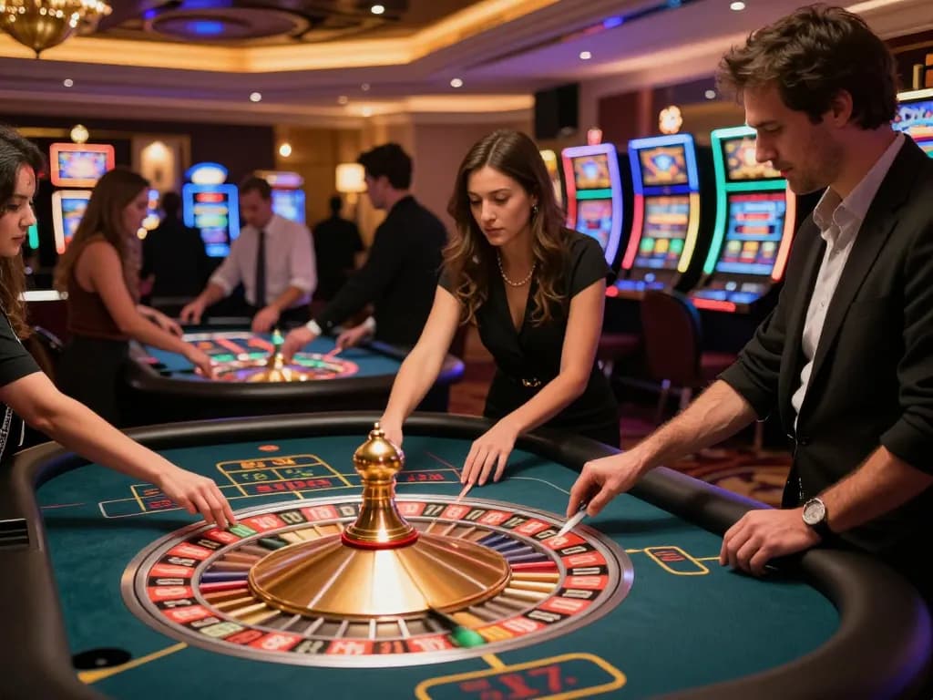 Players engaging at a vibrant roulette table in Nhà cái s8, featuring lively gameplay and luxurious ambiance.