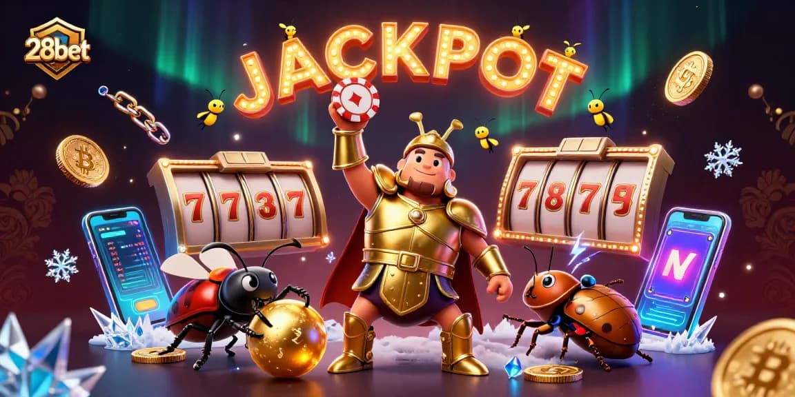 Join the excitement at 28bet as a heroic beetle celebrates a jackpot win amidst glowing crypto coins.