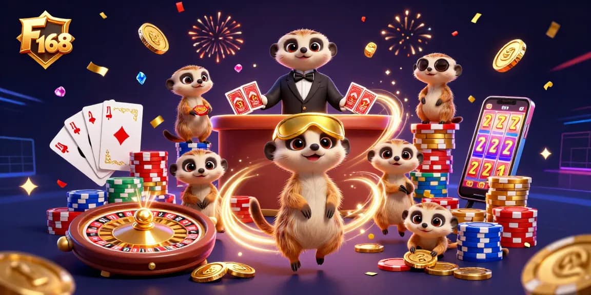 Experience the thrill of winning at F 168 with meerkats running a vibrant casino operation.