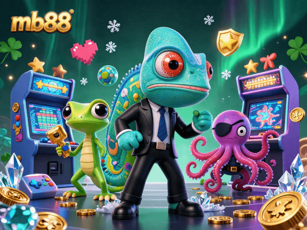 Spin to win with mb88 as a vibrant 3D casino scene featuring gaming characters and gold coins.