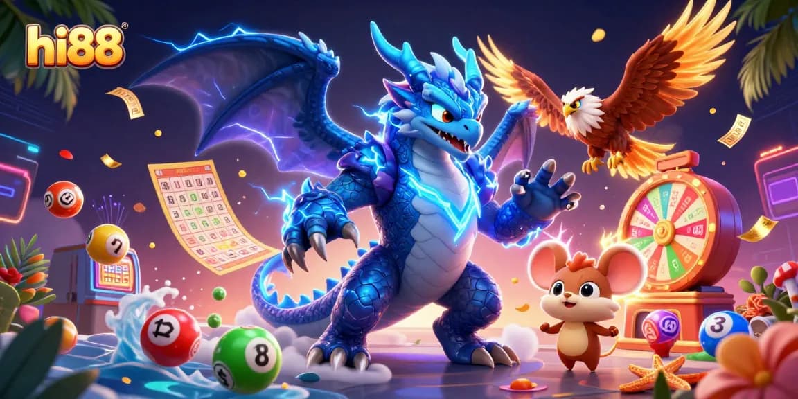 Experience excitement at hi88 with a vibrant 3D illustration of dynamic lottery action and gaming fun.