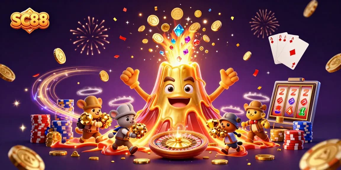 SC88 showcases a triumphant golden volcano erupting with coins and gems, igniting thrill in gambling.