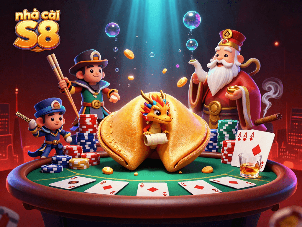 Engage with nhà cái S8's dynamic gambling scene featuring vibrant poker elements and characters.