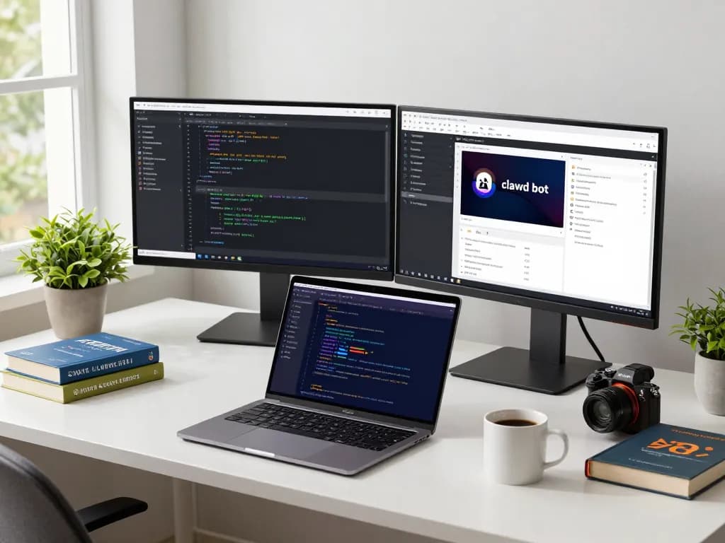 Developer coding in a modern workspace, showcasing clawd bot integration with various tech tools and resources.