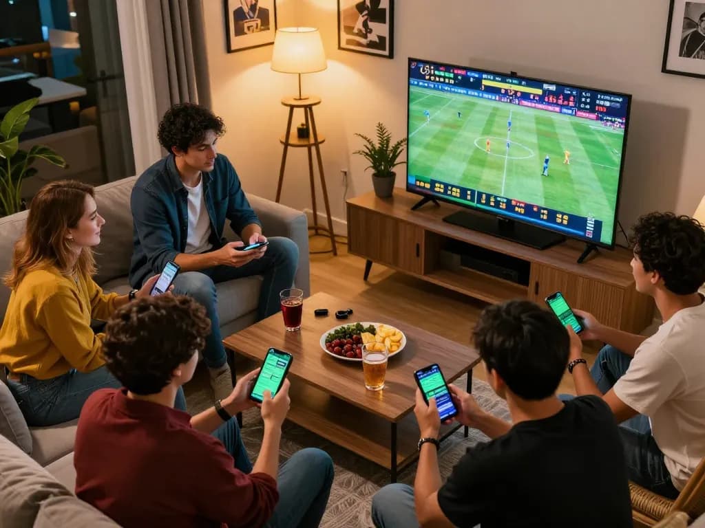 Experience the thrill of betting live on RR88 with friends enjoying a sports event in a cozy living room.