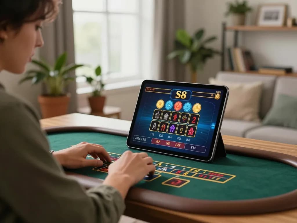 Player engrossed in live dealer blackjack on S8 com tablet, showcasing home gaming excitement.