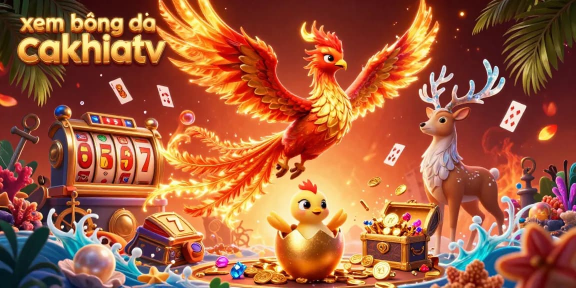 xem bóng đá cakhiatv showcases a dynamic 3D gaming illustration with vibrant gambling elements and rich details.