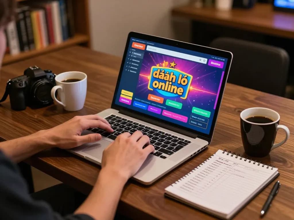 Engaging in đánh lô online at home with a modern setup, laptop and coffee highlighting responsible gaming.