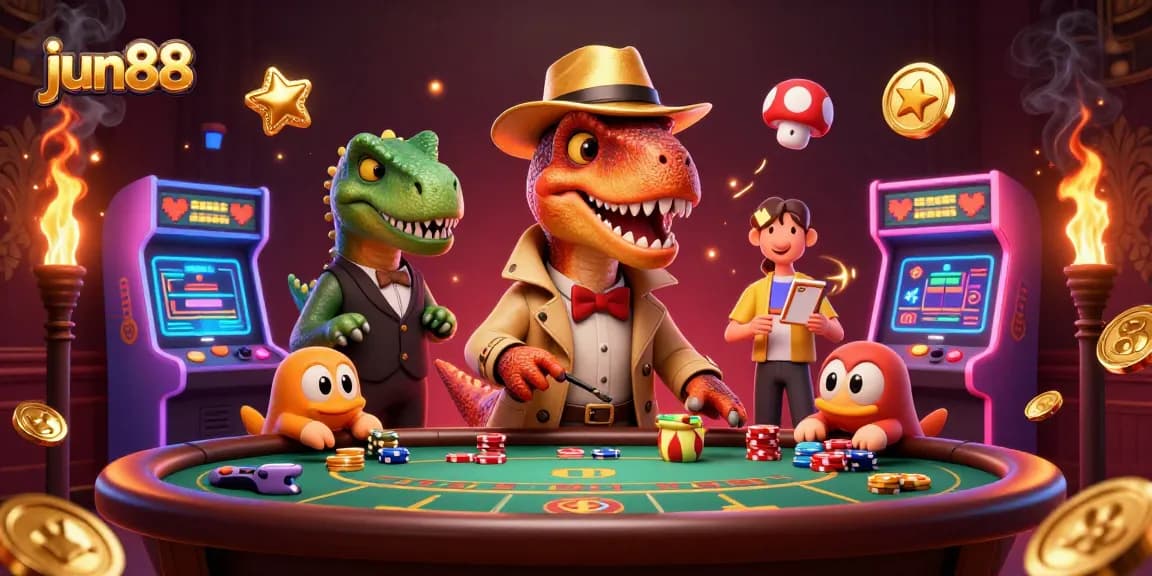 Experience exciting blackjack with jun88's colorful 3D illustration featuring a velociraptor and stegosaurus in a casino scene.