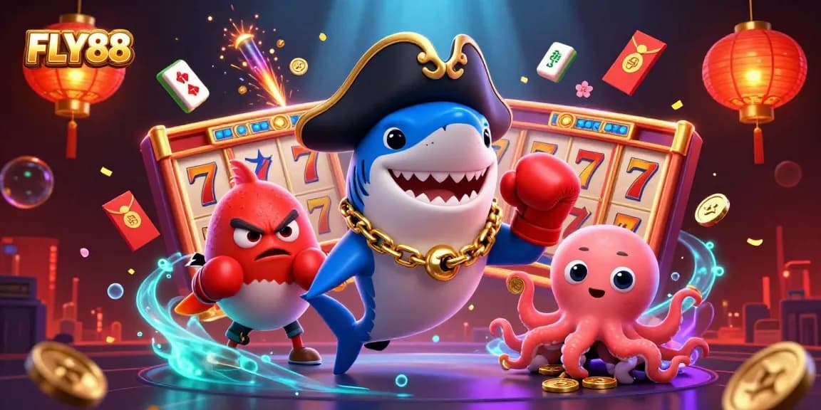 Experience the excitement of FLY88 with a vibrant 3D illustration of casino characters and elements.