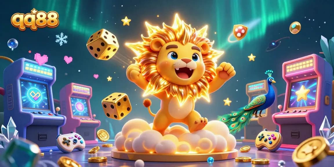 Experience qq88 with an exhilarating scene featuring a roaring lion, golden dice, and bright casino games.