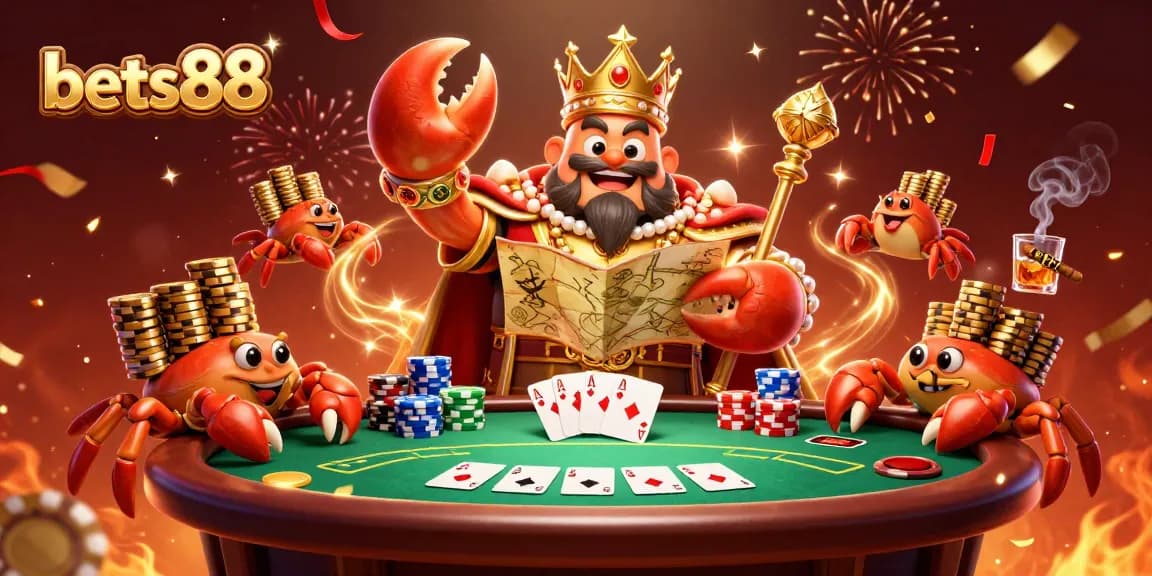 Bets88 magical scene with a golden crab emperor at a lively poker table, vibrant casino elements, and confetti celebration